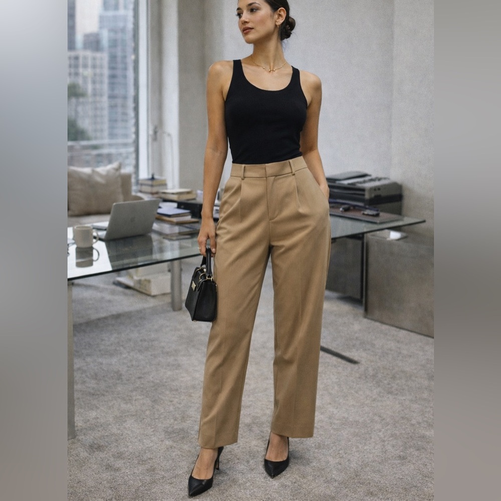 Zara Black Tank Top with Tan High-Waist Trousers